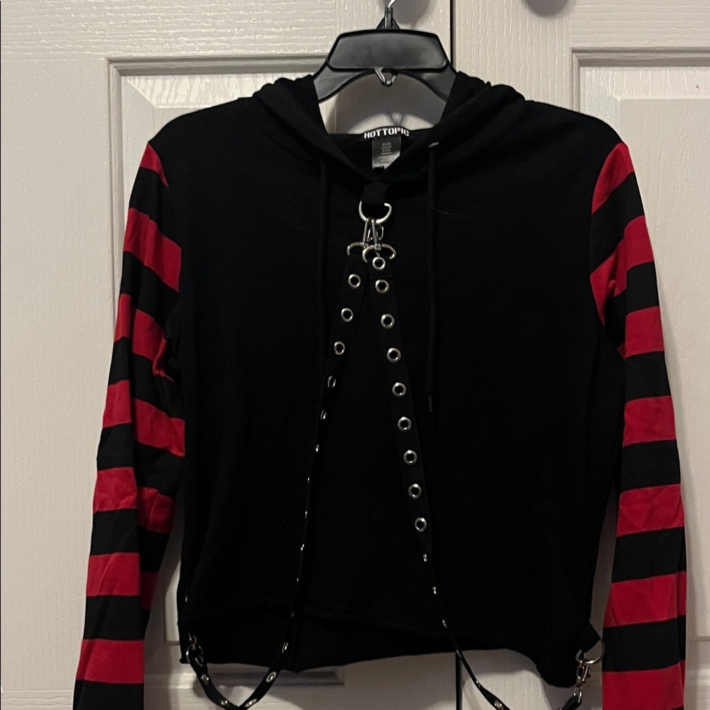 Black and Red Striped Hoodie with Grommet Details